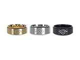 Naruto Ring Set mit Konoha Logo | Edelstahl | 3 Stk | Gold, Schwarz, Silber | Größe: 10