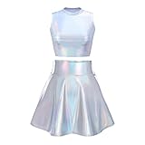 IMEKIS Damen Alien Kostüm Rave Outfit Karneval Glänzendes Metallisch Crop Top mit Minirock 2tlg...