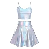 Alien Kostüm Damen Frauen Spaghetti Metallic Glitzer Bauchtanz Oberteil Crop Top+Faltenrock Mini...