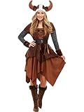 Smiffys Deluxe Wikinger Barbarenköniginnenkostüm, Braun, mit Kleid & Helm