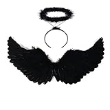 YeahBoom Engelsflügel Schwarz,60CM Engel Kostüm Damen mit Heiligenschein und Zauberstab, Flügel,...