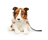 Uni-Toys - Langhaarcollie mit Leine, sitzend - Gesicht weiß-braun - 27 cm (Höhe) - Plüsch-Hund,...