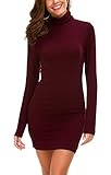 EXCHIC Damen Bodycon Rollkragen Minikleid Basic Einfarbig Langarm Eng Kleid (M, Weinrot)