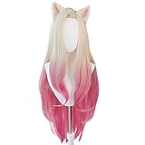 PWEINCY Baddest Ahri Cosplay Perücke mit Ohren Blond Rosa Seitenscheitel für Frauen