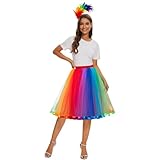 JONRRYIN Tüllrock Damen + Bunt Feder Stirnband, Regenbogen Rock Damen Tüll, 50er-Tutu Unterrock...