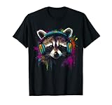 Waschbär Musik Kopfhörer Bunt - Tier Motiv Kunst Waschbär T-Shirt
