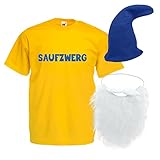 Alsino Saufzwerg Kostüm Set Bart Mütze JGA Party Bier Sauf Verkleidung - Rundhals, 100% Baumwolle...
