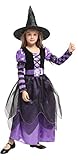 Agares Kinder Mädchen Hexenkostüm Halloween Karneval Fasching Kostüme Lila-Schwarz Lange...
