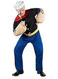 Popeye Comic Seemann Kostüm 6-teilig mit Hemd, Hose, Muskel-Armen und Matrosenmütze (XXL)