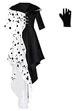 Faonny Damen Cruella Deville Kostüm Kleid Jacke mit Handschuhen Komplettset Outfits für Halloween...