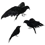 Asodomo Halloween-Krähen-Requisite, realistisch, handgefertigt, 3 Stück, schwarz gefiederte...