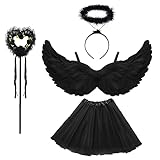 Engel Kostüm Damen Schwarz, TUTU-Rock, Engel Flüge, Heiligenschein und Zauberstab, Engelsflügel...