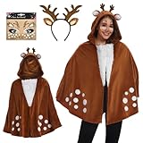 JONRRYIN Rentier Karneval Damenkostüm, Rentier Geweih Haarreifen mit Rentier Ohren, Reh Bambi Cape...