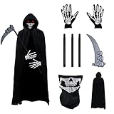 Halcyerdu Sensenmann Kostüm, Halloween Kostüm Set mit Schädelmaske, Handschuhen, Sense, Halloween...