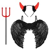 Teufel flügel, Teufelskostüm für Damen, Schwarz Engelsflügel Teufelshörner Teufelgabel, 45*30CM...