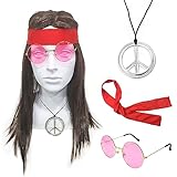 SKHAOVS 4PCS Hippie Kostüm Set 60er 70er 80er Jahre Herren Hippie Perücke Rock Perücke Disco...