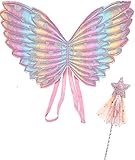 Miss-shop Kinderflügel, Schmetterling Mädchen Flügel Set 2 Stück Zauberstab und Feenflügel für...