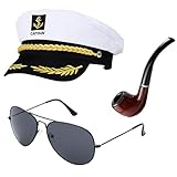 Koorium Yacht Kapitän Hut Kapitänsmütze Kostüm Set,Verstellbare Yacht Schiff Boot Marine Mütze...