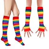 WLLHYF Regenbogen Gestreiftes Arm Bein Socken Set lange Strick Overknee Oberschenkelstrümpfe...