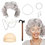9 Stück Old Lady Kostüm Großmutter Cosplay Zubehör Set Oma Kostüm Alte Frau, Oma Perücke mit...