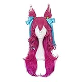 Spirit Blossom Ahri Cosplay Perücke mit Ohren und Haarschmuck lang gewellt rosa blau Ombre
