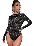 GORGLITTER Mesh Body Damen Langarm Sheer Bodysuit Sexy Oberteil mit Glitzer Party Outfit Clubwear...