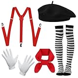 Xerteam Pantomime Kostüm Damen Herren, Karneval Pantomime Kostüm Schwarze Baskenmütze Rote Schal...