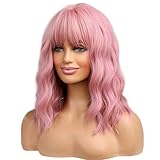 BERON BERON 14 Zoll Damen Mädchen kurze lockige synthetische Perücke mit Air Bangs Lovely Pink,...
