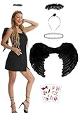 Schwarze Engelsflügel,Fünfteiliges Set Erwachsenes Schwarzes Engelskostüm Damen für Halloween...