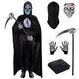 GILOKIDS Halloween Sensenmann Kostüm für Männer – LED Leuchtmaske, Schwarzer Umhang, Skelett...
