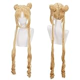 Lwiuentx Anime Cosplay Lange Lockige Blonde Perücke mit 2 Pferdeschwänzen für Herren Damen...