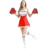 Cheerleader Kostüm Damen, Cheerleader Outfit Rot Cheerleader Kostüm mit Cheerleader Pompons und...