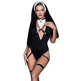 MOMGEGE Nonne Kostüm für Frauen, Sexy Nonne Cosplay Bodysuit Dessous mit Strümpfen, Halloween...