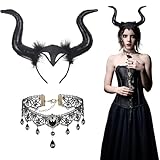 NVTRSD Böse Königin Teufel Kopfschmuck mit Gothic Halskette, Schwarz Teufelshorn, Maleficent...