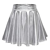 Damen Glänzend Metallisch Mini Rock Elastische Taille Ausgestellte Pull On Skater Röcke(S, Silber)