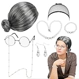 HONMOK 7PCS Oma Perücke Set, Großmutter Kostümzubehör mit Oma Perücke, Brille Perücke Kappe...