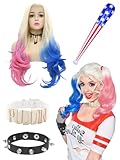 BIQIQI Quinn Kostüm Cosplay Perücke, Quinn Perücke mit Choker Puddin de Quinn Halskette Armband...