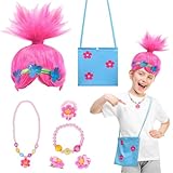 HONMOK Poppy Kostüm Kinder Mädchen Trolls Perücke Set mit Halsketten Armbänder Ohrringe Ringe...