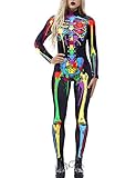 AIDEAONE Halloween Kostüm Damen Skelett Aufdruck Catsuit Jumpsuit Knochen Skeleton Anzug Karneval...