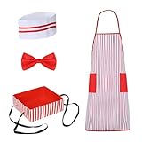 Funhoo 4-teilig 50er Jahre Erwachsene Kellner Kellnerin Kostüm Tablett Kochmütze Fliege Gestreifte...