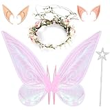 Tacobear Feenflügel Damen Mädchen Schmetterlingsflügel Elfenflügel mit Elfenohren Blumenkranz...