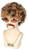 Topcosplay 3er Set Herren Perücke 70er Jahre Disco Dude Dirt Bag Perücke Halskette & Schnurrbart...