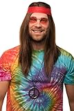 Balinco Hippie Set mit Perücke + runde Sonnenbrille + Peace Anhänger + rotes Kopfband für Herren...