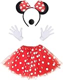 iZoeL Damen Maus Mouse Kostüm Rot Tutu mit weiß Gepunktet + Haarreifen mit Maus Ohren + Handschuhe...