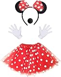 iZoeL Damen Maus Mouse Kostüm Rot Tutu mit weiß Gepunktet + Haarreifen mit Maus Ohren + Handschuhe...