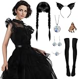 Partymall Wednesday Kostüm Kleid für Erwachsene Wednesday Outfits Karneval Schwarz Midikleid mit...