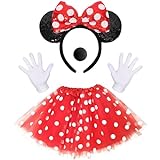 NVTRSD Maus Mouse Kostüm, Rot Tutu mit weiß Gepunktet, Haarreifen mit Maus Ohren, Handschuhe,...