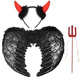 Idota Engelsflügel Federflügel Schwarz 45cm, 3 Stück Schwarz Federnflügel mit Teufel Horn Rot...