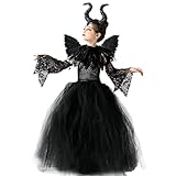 MAXHJX Mädchen Maleficent Kostüm mit Flügel, Prinzessin Tüllkleid Festkleid Engelsflügel...