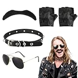 4er Pack Biker Kostüm Zubehör Schwarze Halsband Sonnenbrille Kunstleder Handschuhe und Falscher...